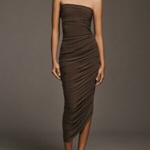 Norma Kamali Diana Strapless Ruched Midi Dress Size Small Chocolate Brown